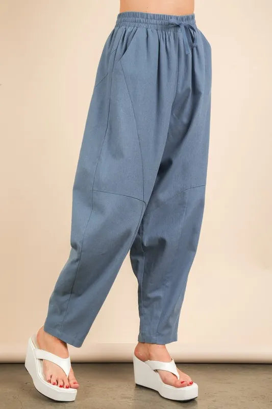 VERY J Solid Woven Barrel Pants with Drawstring Waist