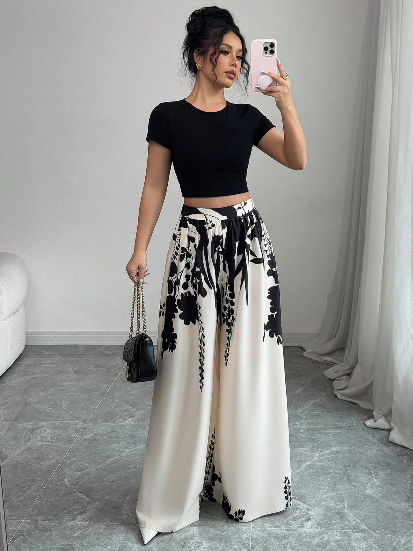 Flow & Flair Printed Wide Leg Pants White
