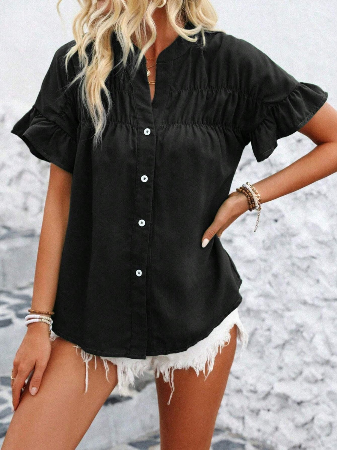 Button Down Ruffled Short Sleeve Shirt - Chic & Elegant