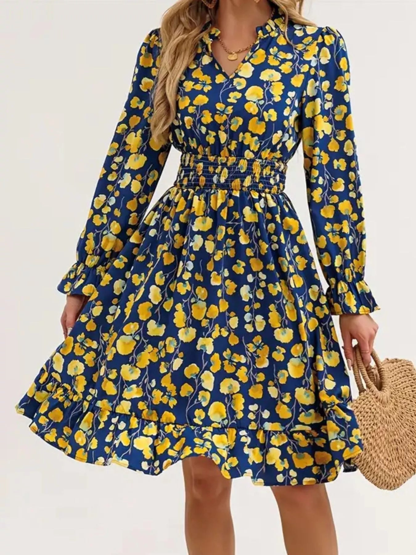 Floral Smocked Ruffled Flounce Sleeve Midi Dress