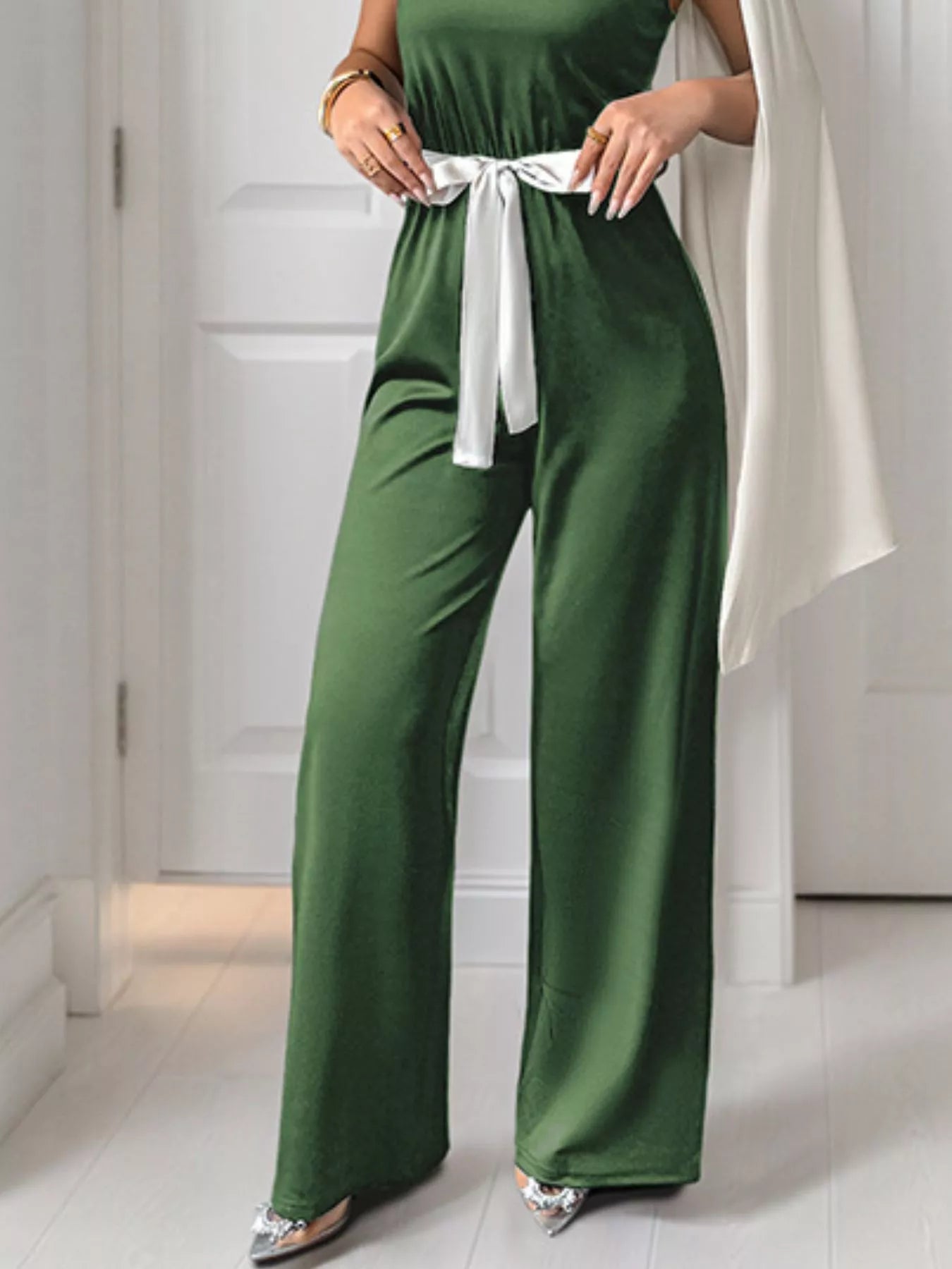 One-Shoulder Bowknot Wide-Leg Belted Jumpsuit