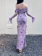 Butterfly Print Off-Shoulder Mesh Mermaid Dress