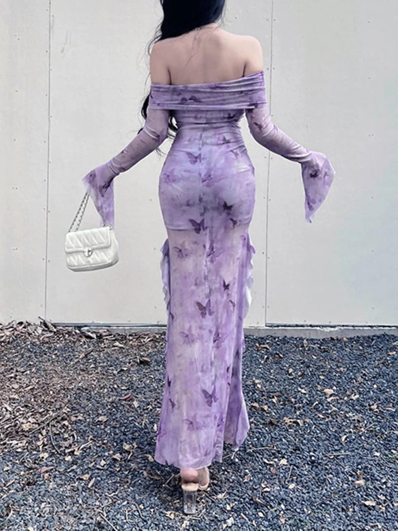 Butterfly Print Off-Shoulder Mesh Mermaid Dress