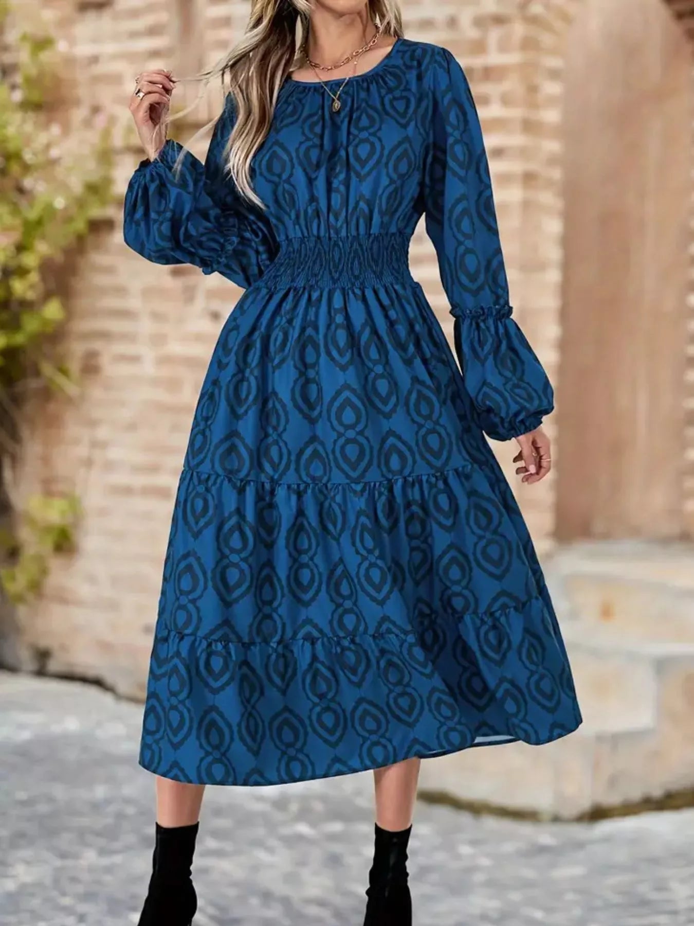 Smocked Balloon Sleeve Round Neck Midi Dress
