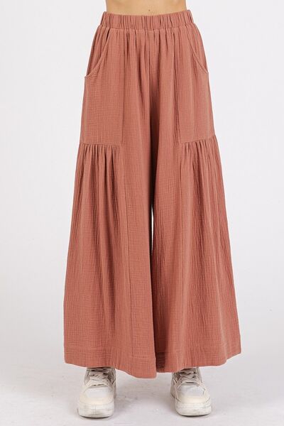 Mittoshop Gauze Elastic Waist Pleated Wide Leg Pants