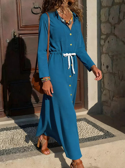 Classic Button-Down Long Sleeve Maxi Dress with Pockets French Blue