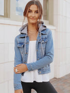 Plus Size Hooded Drawstring Denim Jacket with Button-Up Front
