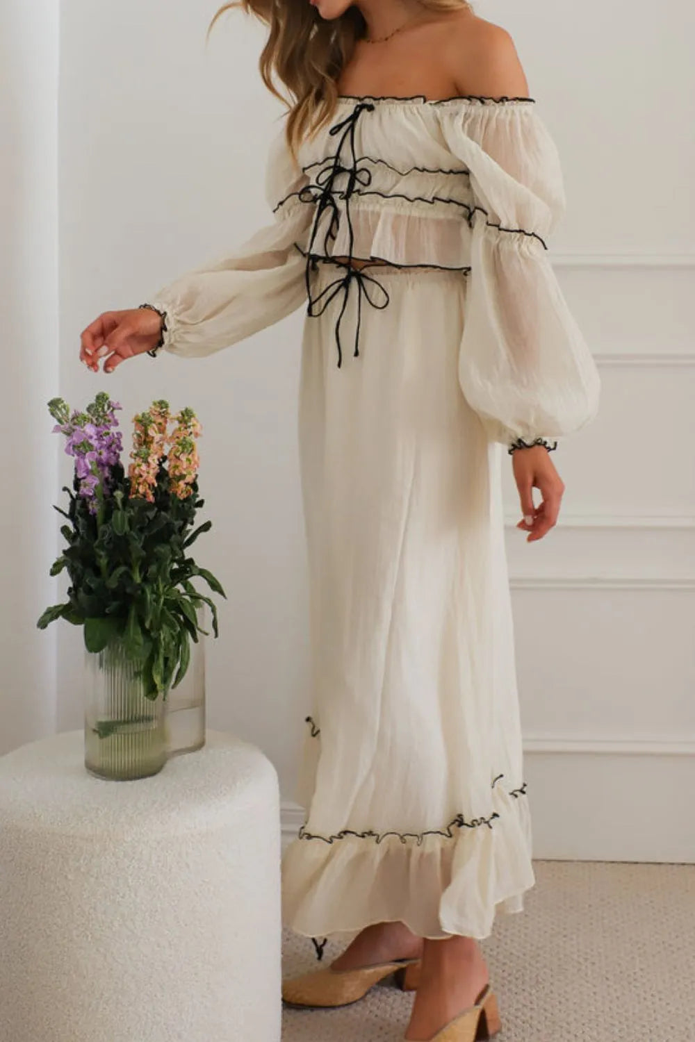 Off-Shoulder Ruffled Top and Ruched Skirt Set