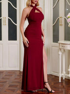 Halter Neck Ruched Mesh Slit Maxi Dress