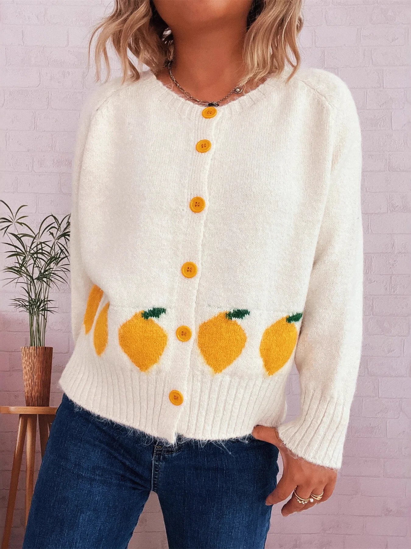 Chic Lemon Pattern Button-Up Cardigan – Playful Knitwear for Everyday Style
