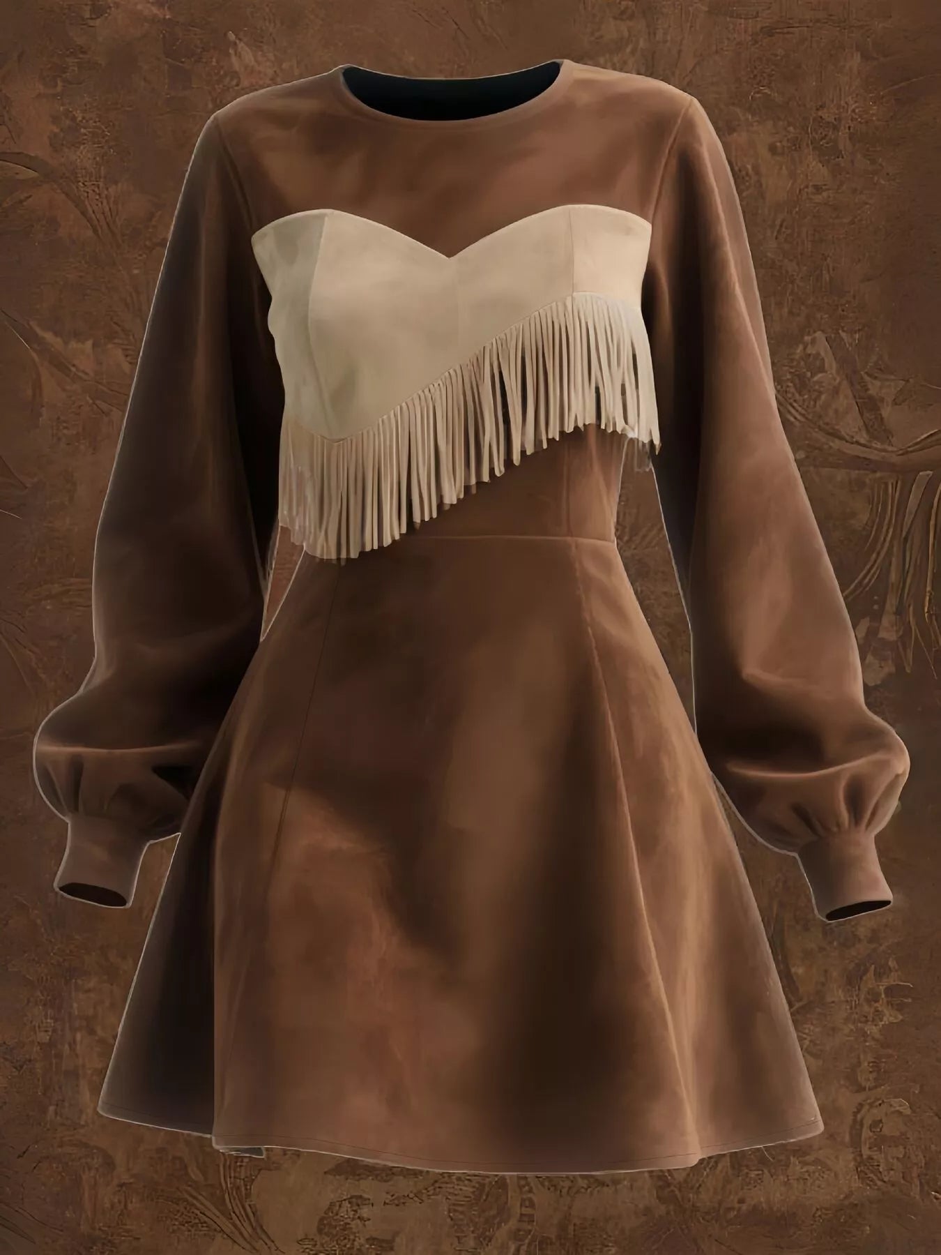 Fringe Trim Lantern Sleeve Mini Dress