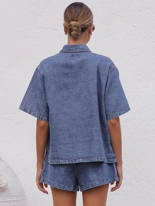 Collared Button-Up Denim Top and Shorts Set – Two-Piece Casual Outfit