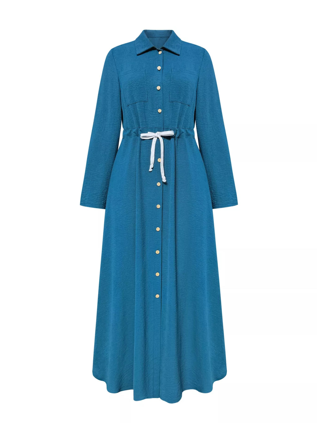 Classic Button-Down Long Sleeve Maxi Dress with Pockets