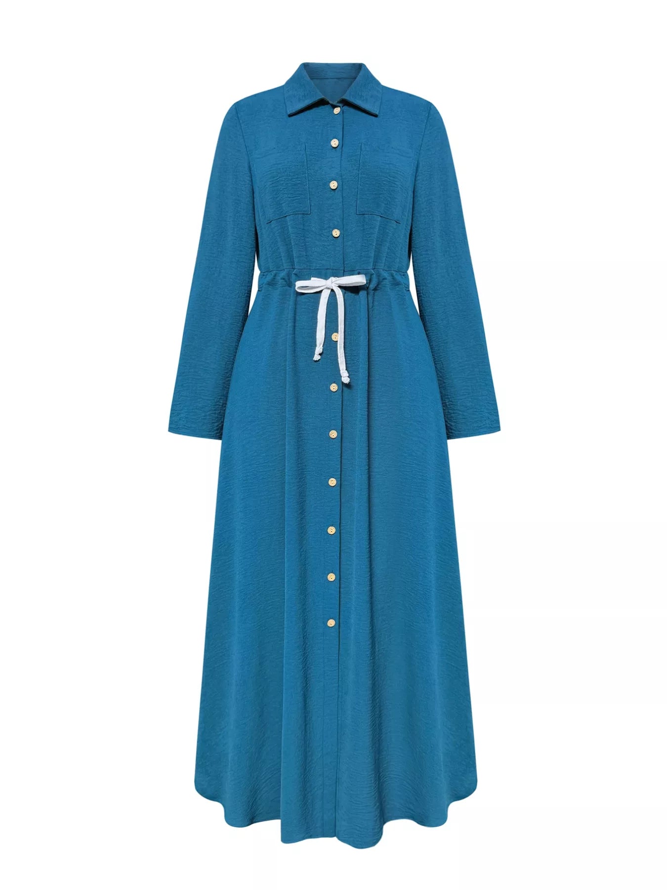 Classic Button-Down Long Sleeve Maxi Dress with Pockets