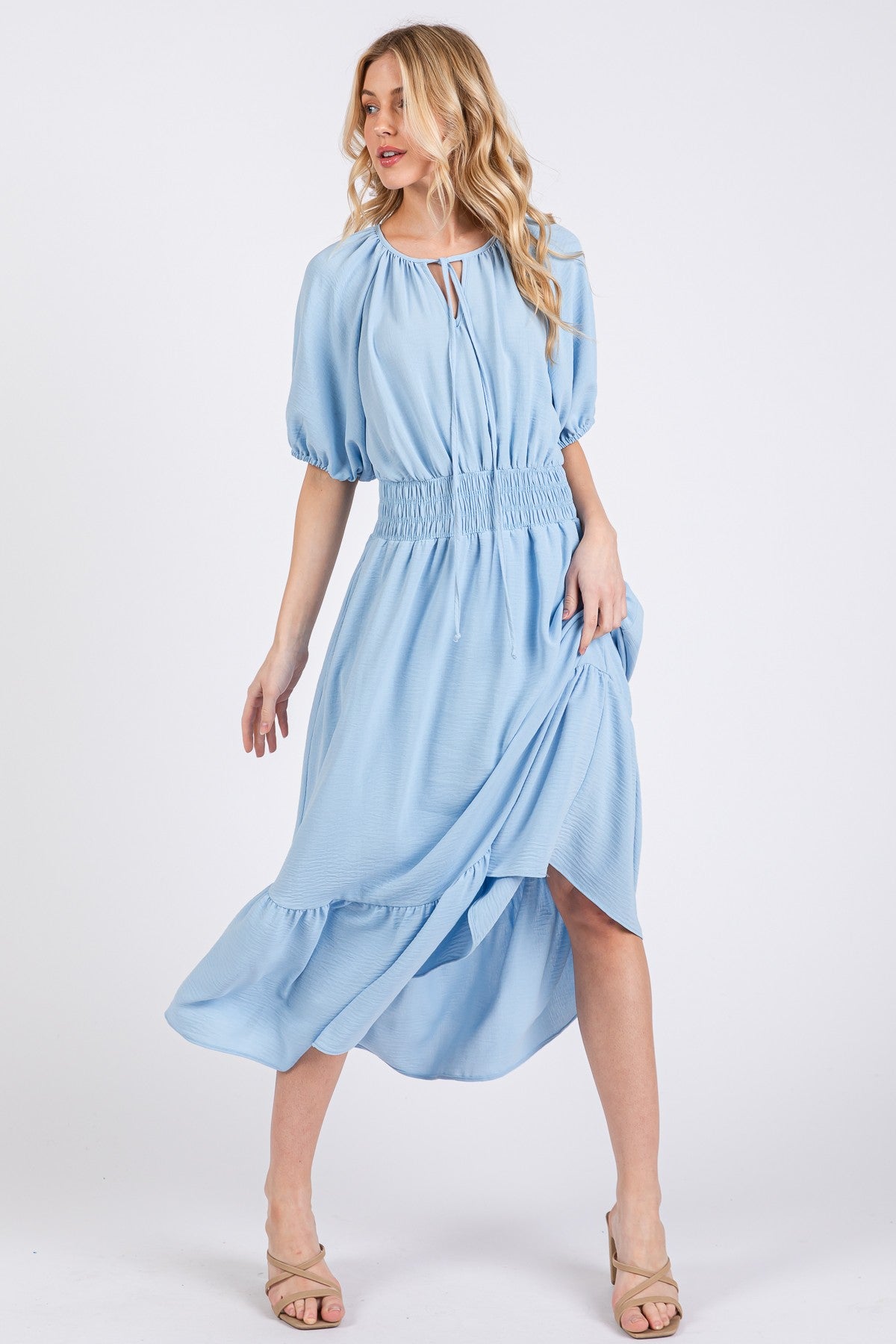 Ces Femme Smocked Waist Tie Neck Puff Sleeve Dress