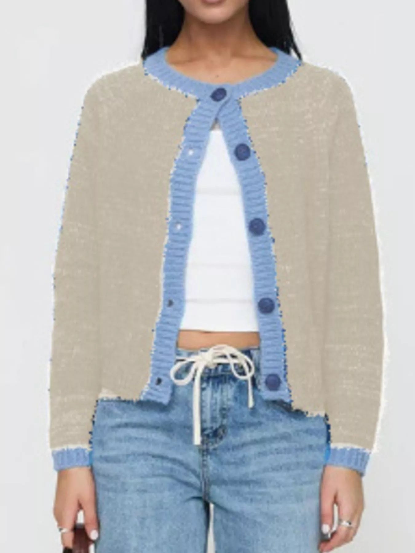 Contrast Trim Knit Button-Up Cardigan Khaki