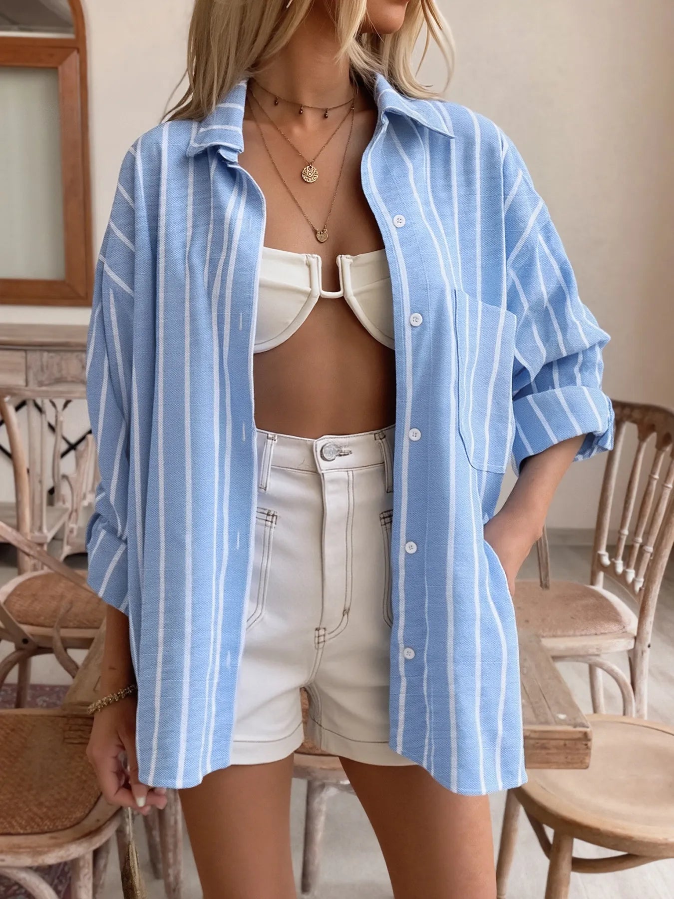 Relaxed Fit Striped Oversized Button-Down Cotton Blend Shirt