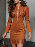 Fringe Trim Zip-Front Suede Mini Dress Caramel