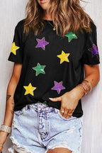 Sequin Stars Patched Round Neck T-Shirt - Casual Sparkle
