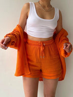 Chic Textured Button-Up Shirt & Shorts Two-Piece Set