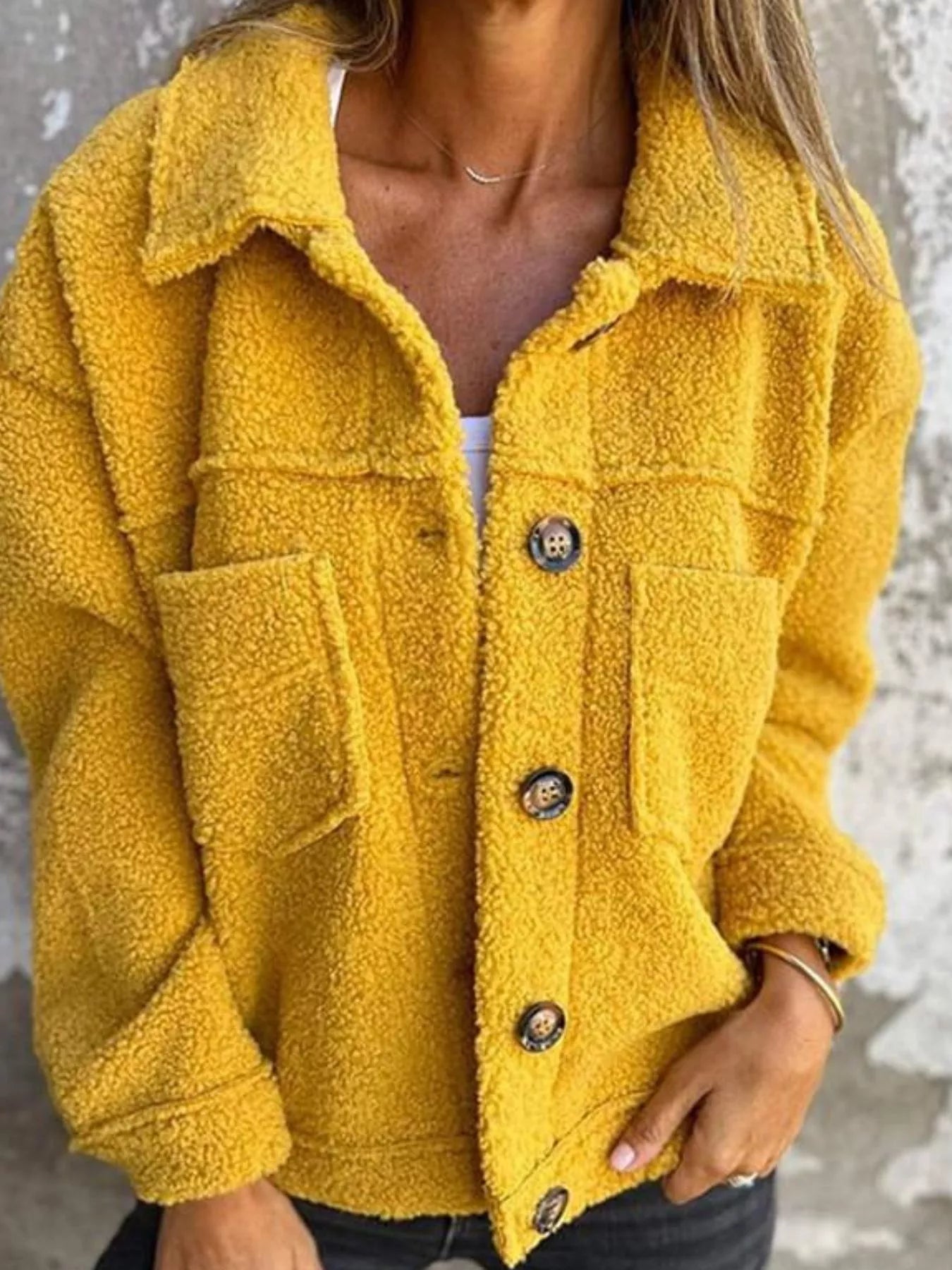 Cozy Single-Breasted Sherpa Shacket for Women – Plus Size Yellow