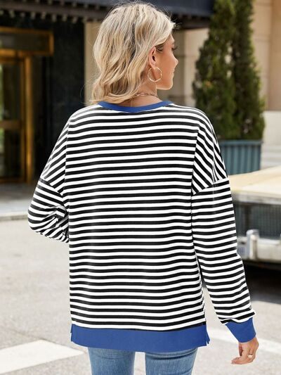 Chic Striped Slit Detail Long Sleeve Sweatshirt