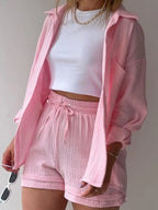 Chic Textured Button-Up Shirt & Shorts Two-Piece Set