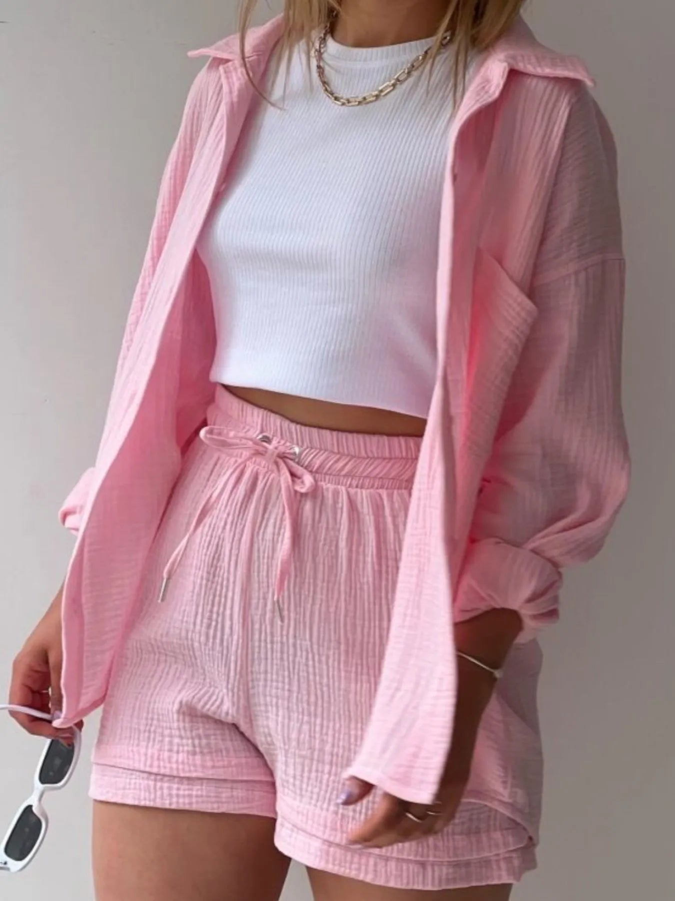 Chic Textured Button-Up Shirt & Shorts Two-Piece Set