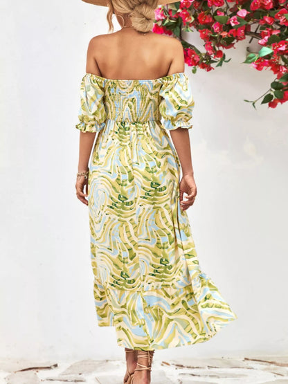 Elegant Smocked Printed Puff Sleeve Midi Dress
