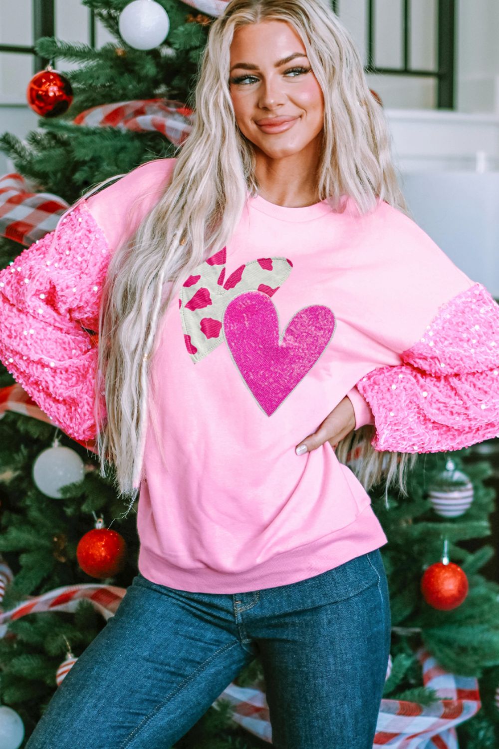 Sequin Heart Long Sleeve Sweatshirt for Valentine's Day