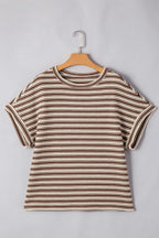 Stripe Textured Crew Neck T-Shirt with Side Slits - Relaxed Fit