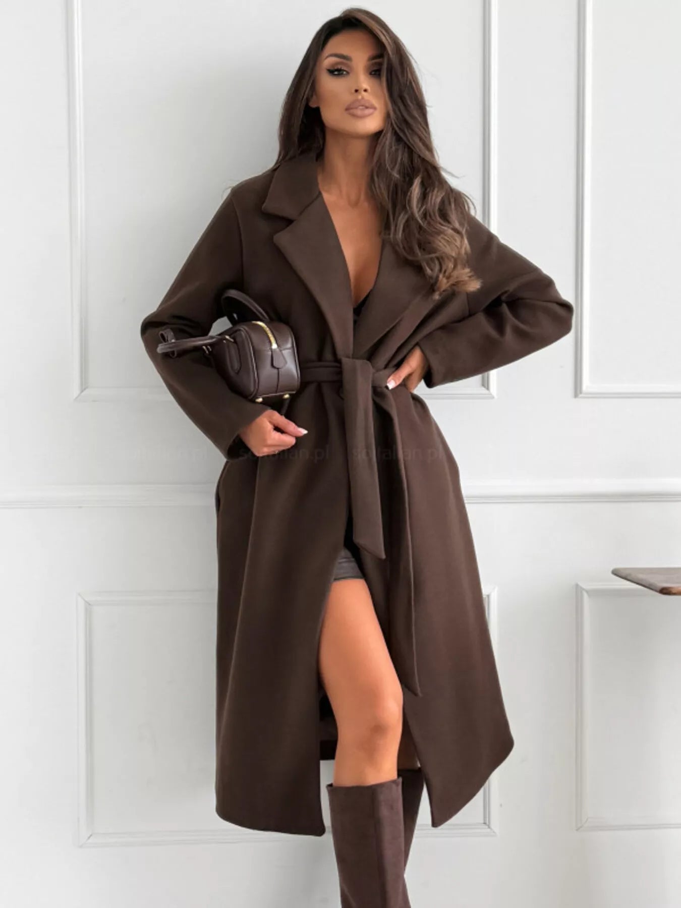 Belted Tie-Waist Longline Coat with Pockets Brown