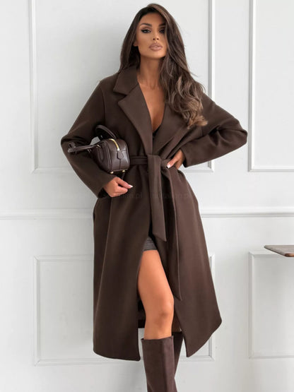 Belted Tie-Waist Longline Coat with Pockets Brown
