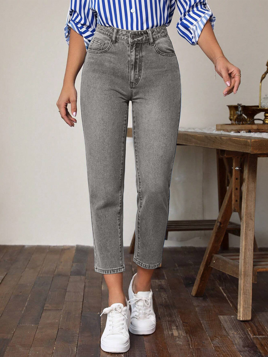 High-Waist Pocketed Denim Jeans for Women Dark Gray