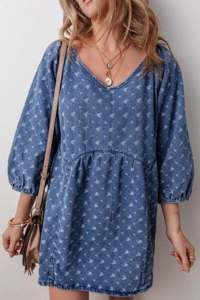 Tied V-Neck Three-Quarter Sleeve Denim Mini Dress Medium