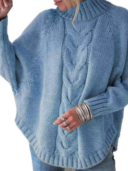 Full-Size Cable-Knit Long Sleeve Sweater (Plus Size) Blue