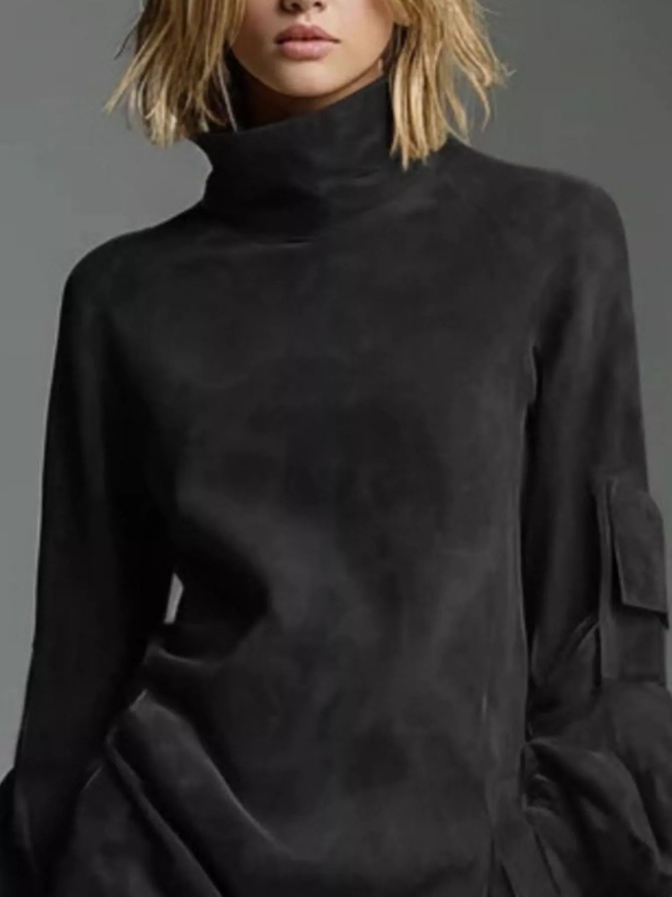 Full-Size Suede Turtleneck Lantern Sleeve Mini Dress