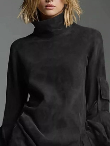 Full-Size Suede Turtleneck Lantern Sleeve Mini Dress