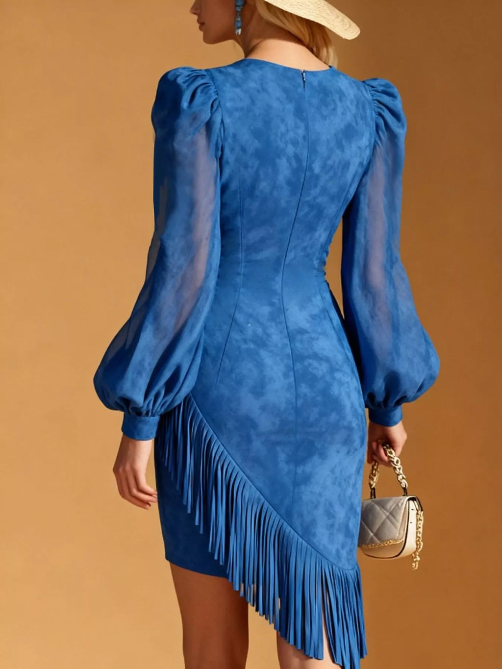 Suede Fringe V-Neck Mini Dress with Zip Detail