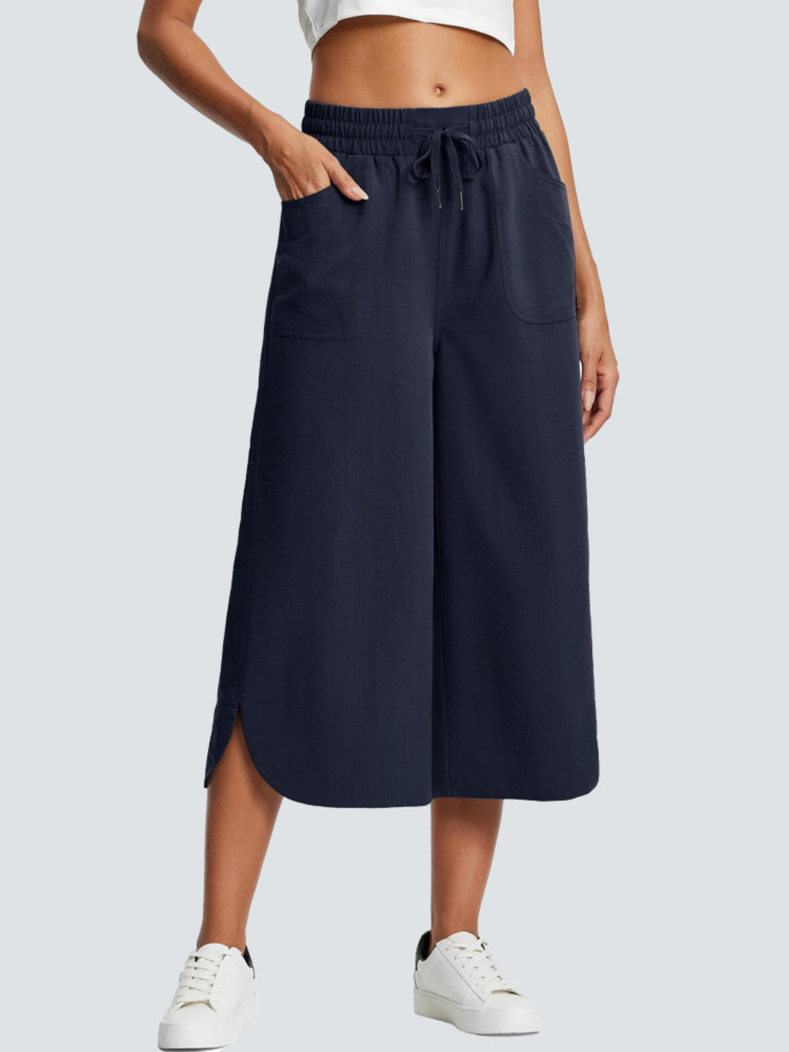 Cross Wide Leg Jeans with Pockets & Drawstring - Plus Size Available Dark Navy