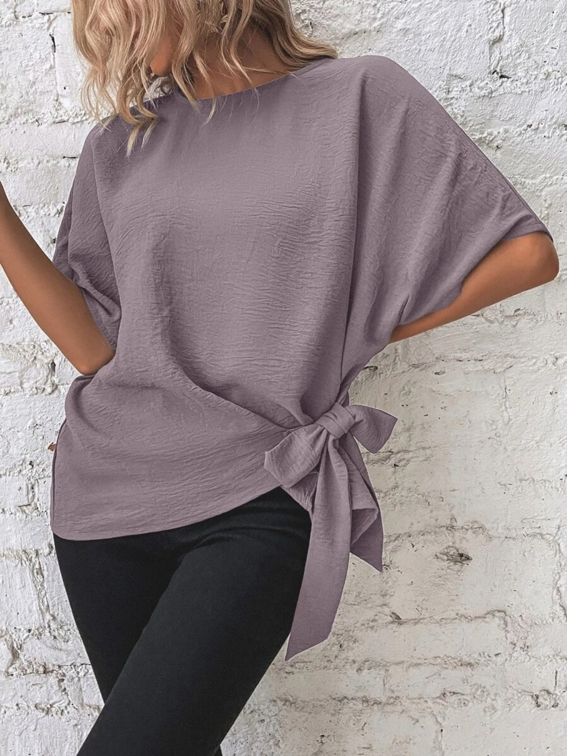 Knotted Round Neck Blouse with Half Sleeves and Button Detail Lilac