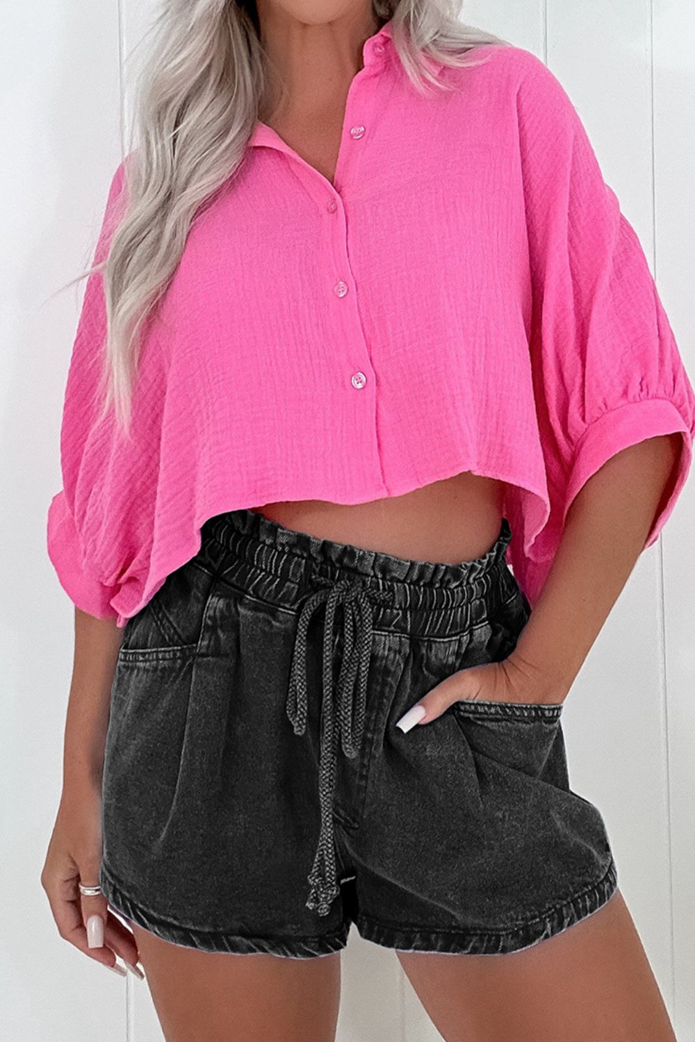 High-Waist Drawstring Denim Shorts - Casual & Chic