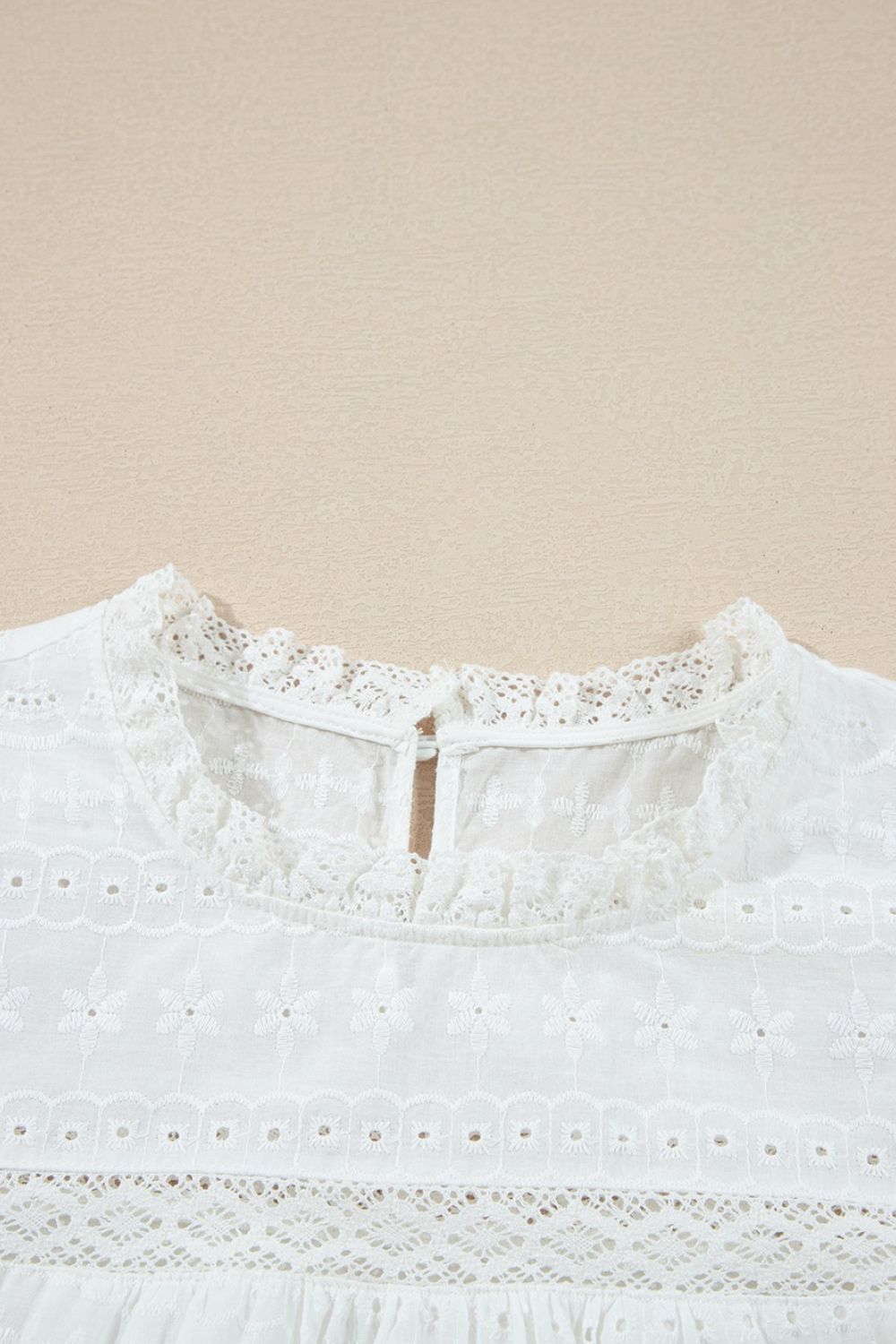 Lace Round Neck Flutter Sleeve Eyelet Blouse