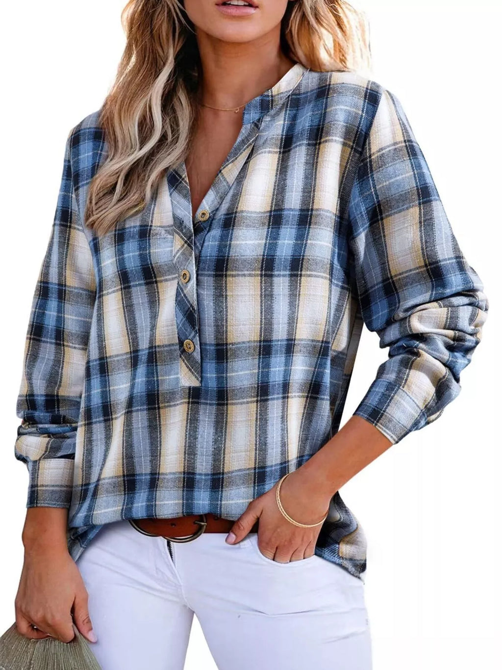 Classic Plaid Half Button Long Sleeve Blouse