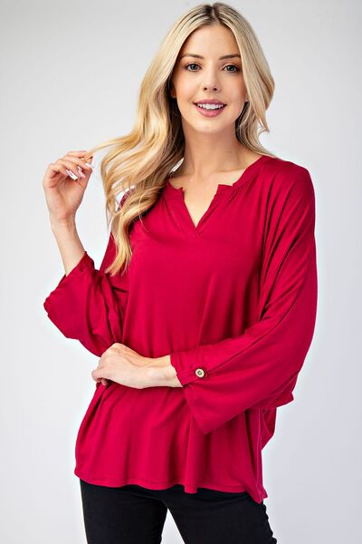 Celeste Full Size Notched Three-Quarter Sleeve Blouse Burgundy