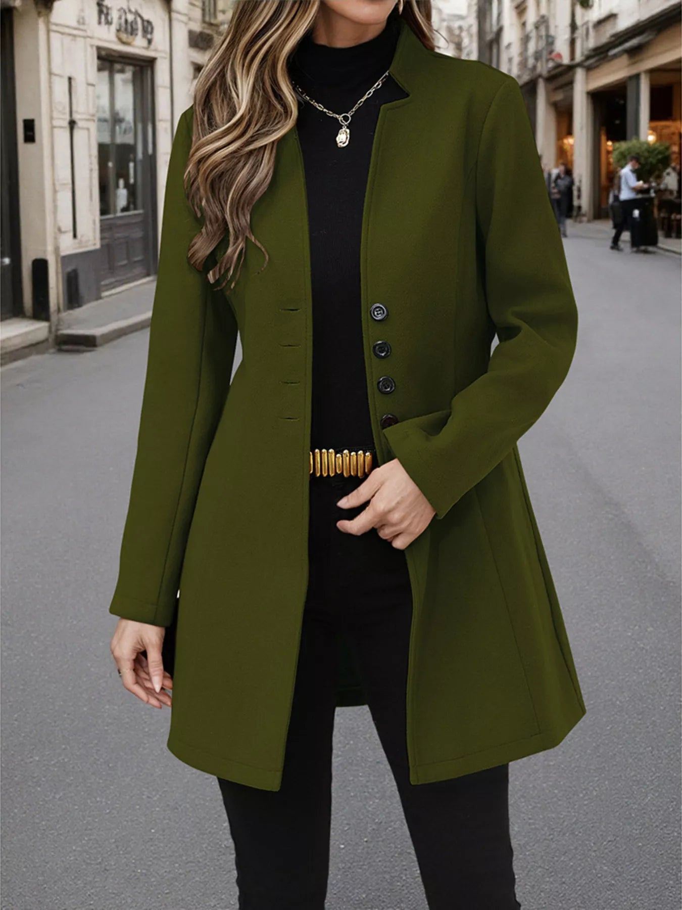 Classic Button-Up Long Sleeve Coat Army Green