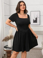 Plus Size Square Neck Short Sleeve Mini Dress â€“ Comfortable & Chic Black
