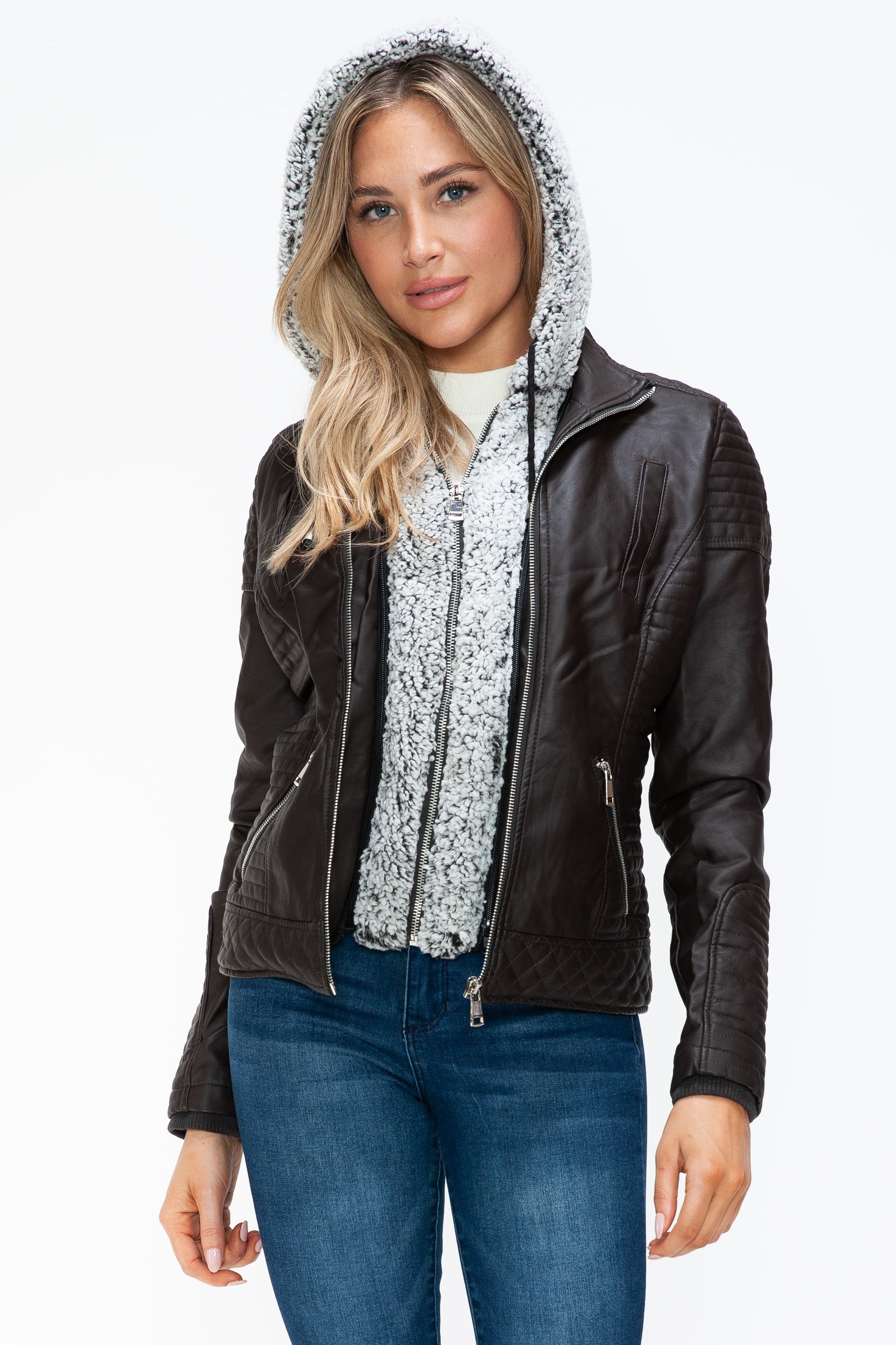 YMI Faux Layered Double-Zipper Jacket with Cozy Fuzzy Hood