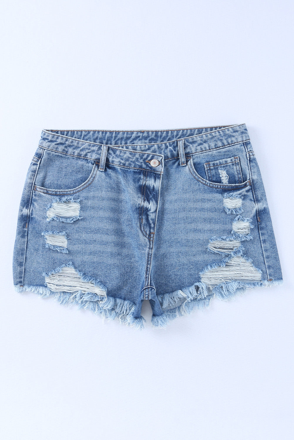 High-Rise Crossover Waist Denim Shorts - Distressed & Stylish