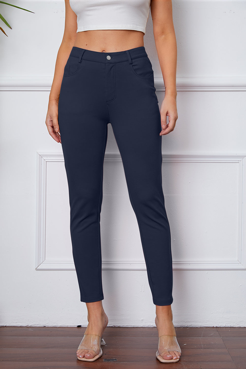 Stretchy Stitch Pocketed Pants by Basic Bae Dark Blue